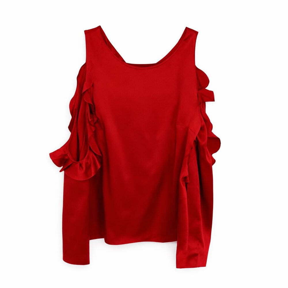 Cushnie Et Ochs Silk Charmeuse Cold Shoulder Ruffle Blouse in Ruby 4